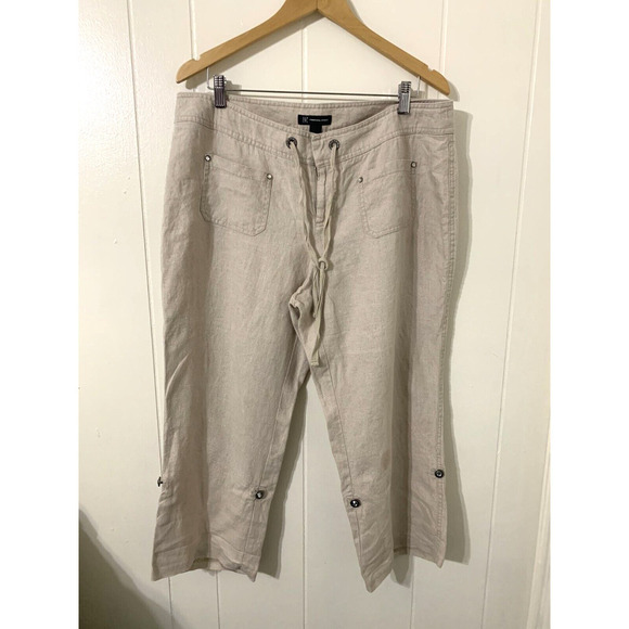 INC Women's Linen Pants Size 16 Brown Roll Tab Drawstring Zip Coastal Resort - Picture 1 of 9